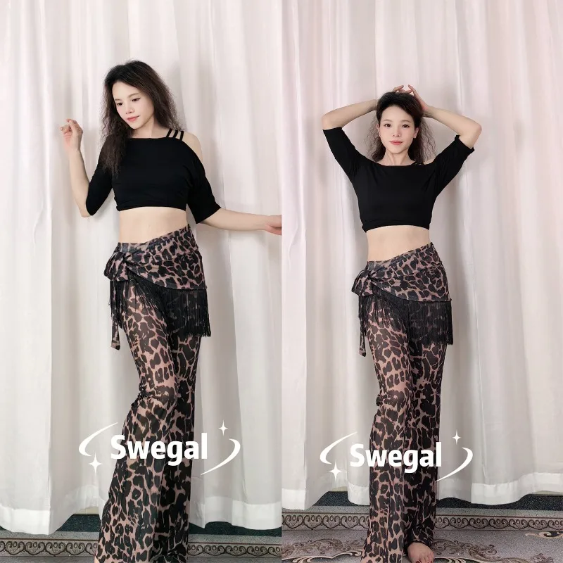 

Customized SWEGAL Belly Dance Costumes Modal Black Three Strap Shoulder Strap Top Black Leopard Mesh Pants Beginner Large