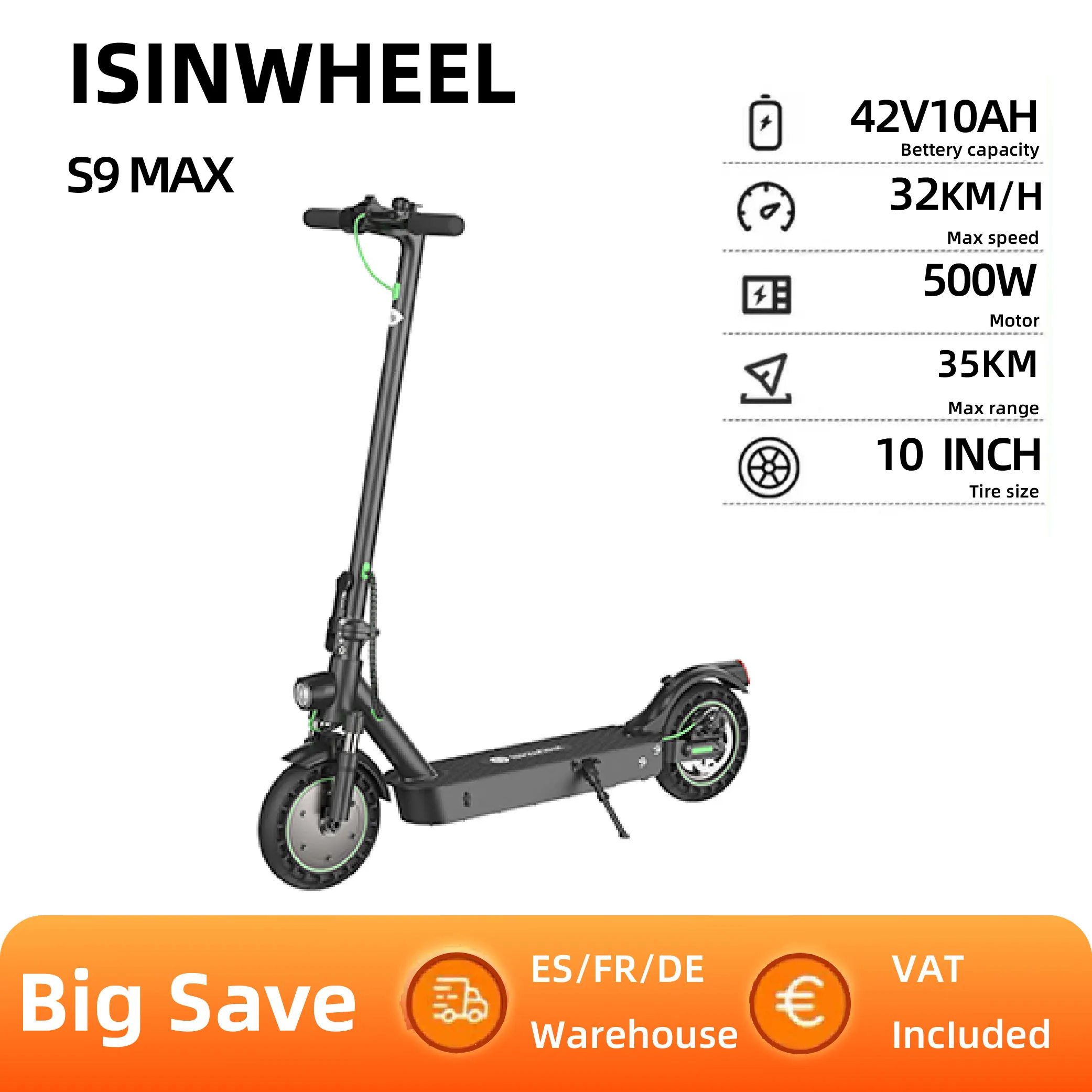 isinwheel S9 Max Adult Electric Scooter 500W Motor E-Scooter 36V 10.4Ah Battery 10 Inch Foldable City commuting EScooter