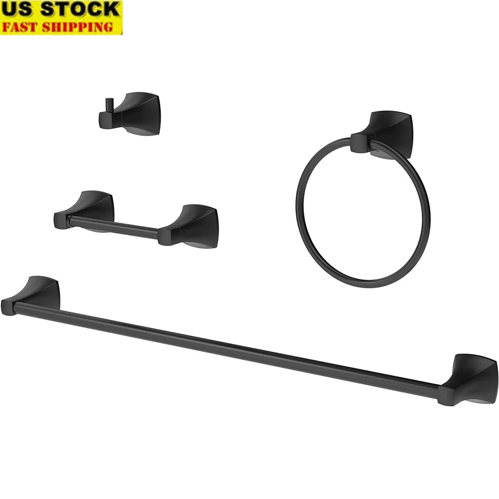 

4 Piece Matte Black Bathroom Hardware Set Towel Bar Holder Robe Hook Toilet Paper Holder Rustproof Stainless Steel Accessories