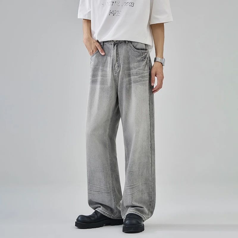 Washed Vintage Jeans for Men Loose Straight Distressed Pants with Multi-Pocket Streetwear Full-length Pants, Gray/Blue