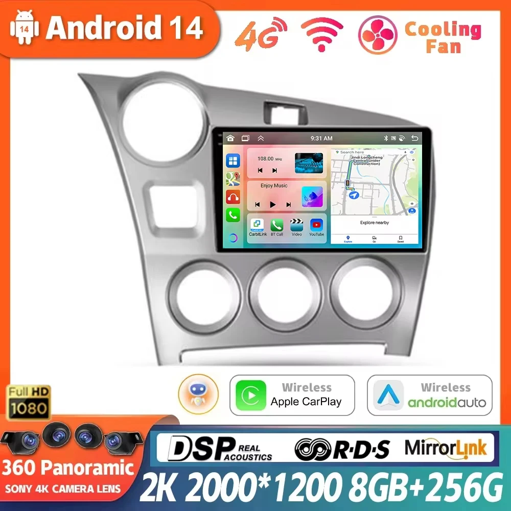 Android 14 Car Radio For Toyota Matrix 2 E140 2008 - 2014 Multimedia Video Player GPS 4G LTE Carplay Autoradio 2K QLED Screen