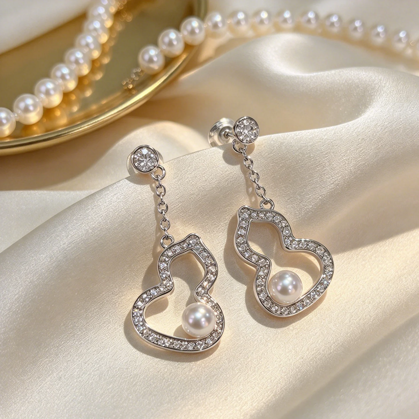 Certified 925 Silver Natural Aurora Freshwater Pearl 4-5mm Gourd Drop Earrings Hollow Pave CZ Frame Ear Stud Luxury Women Jewel