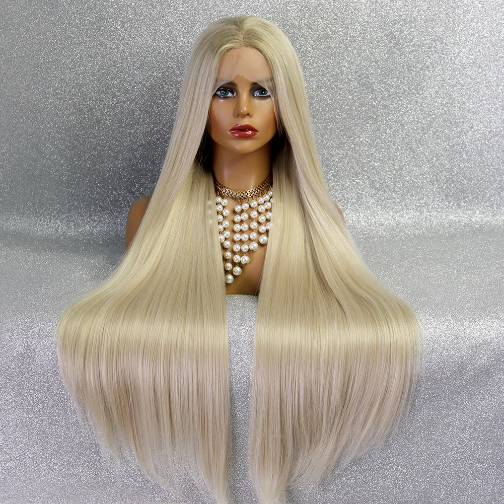 Ombre Blonde Synthetic 13x4 Lace Front Wig Long Straight Glueless Pre Plucked Heat Resistant Drag Queen Cosplay Wigs For Women