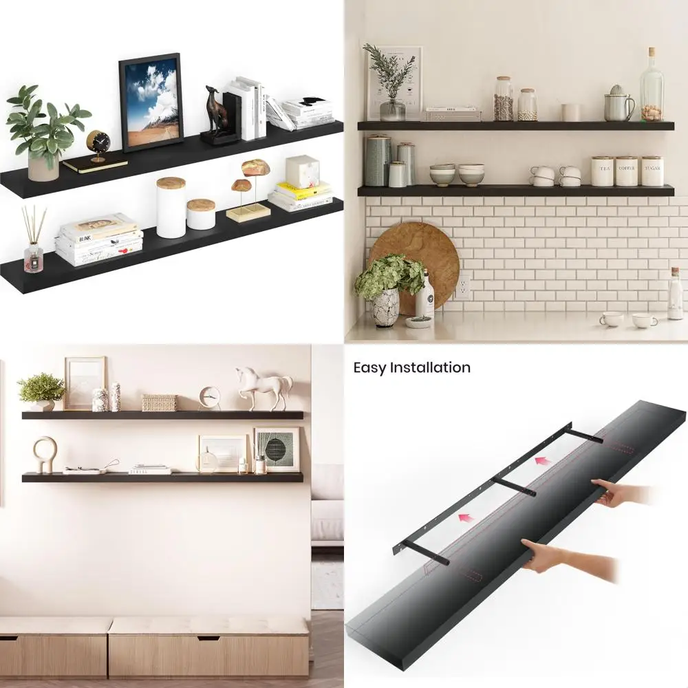 

Набор из 2 деревянных плавающих полок, 60 дюймов, для настенного монтажа в ванной, гостиной и спальне со скрытыми кронштейнами