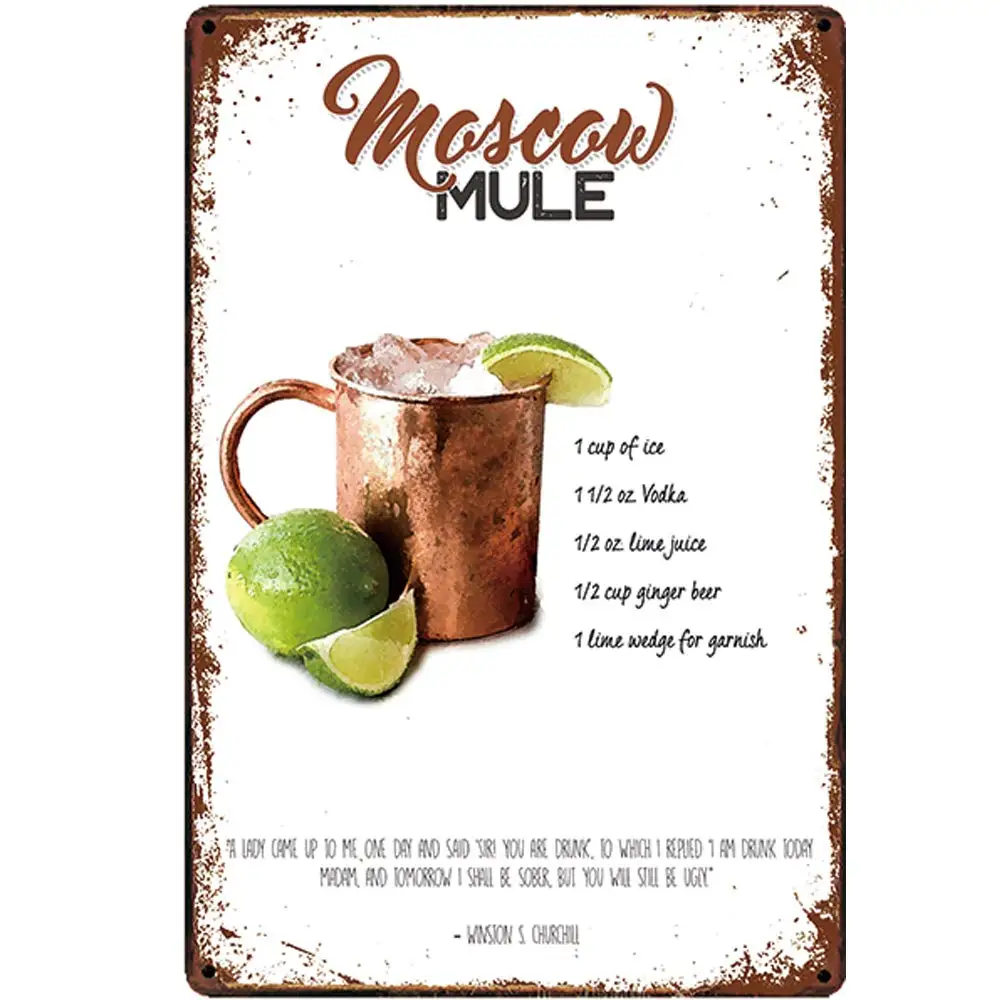 

Retro Design Mascaw Mule Cocktail Recipe Tin Metal Signs Wall Art | Thick Tinplate Print Poster Wall Decoration for Bar