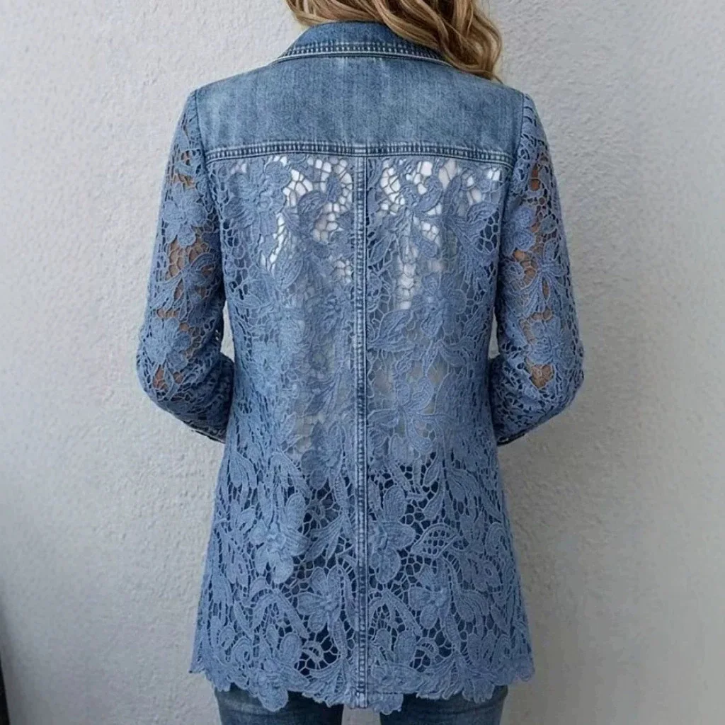 Women's Casual Patchwork Denim Jacket with Flip Collar Long Sleeved Lace Shirt New Style for Ladies
