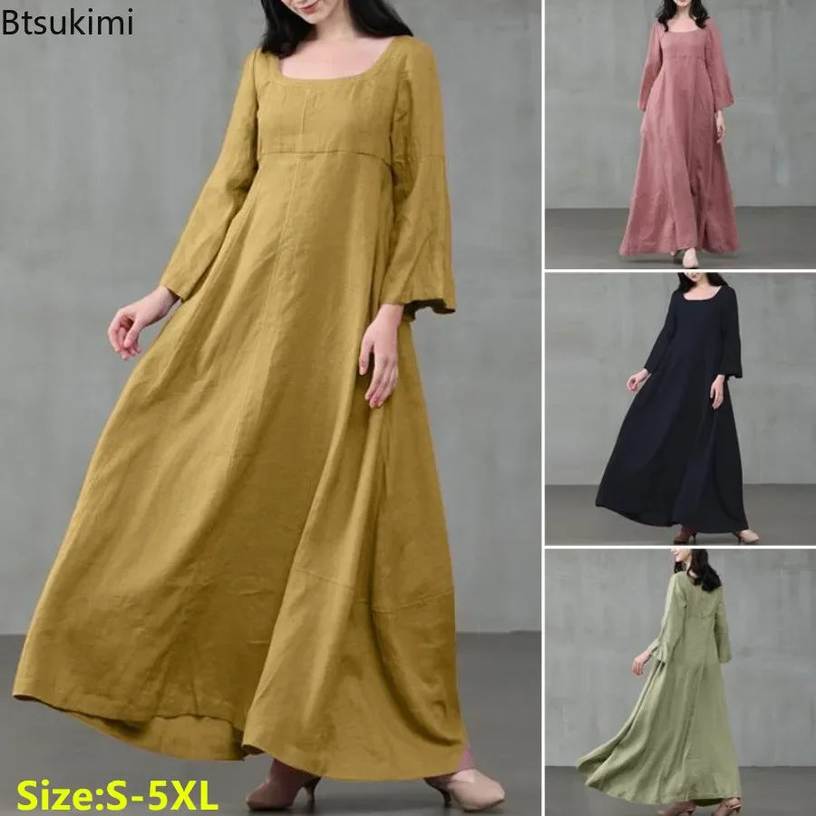 

New Vintage Women Maxi Dress Fashion Square Collar Flare Sleeve Cotton Sundress Loose Party Dresses for Lady Robe Casual Vestido