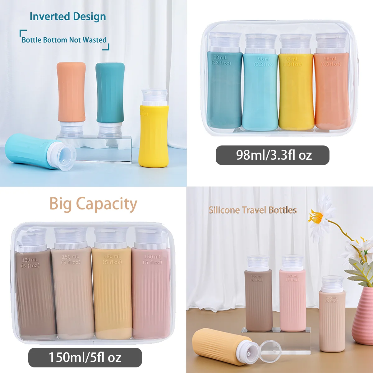 Silicone Travel Bottles Kit,TSA Approved waterproof and leak-proof Refillable fluids Shampoo and Conditioner Toiletry Bottles