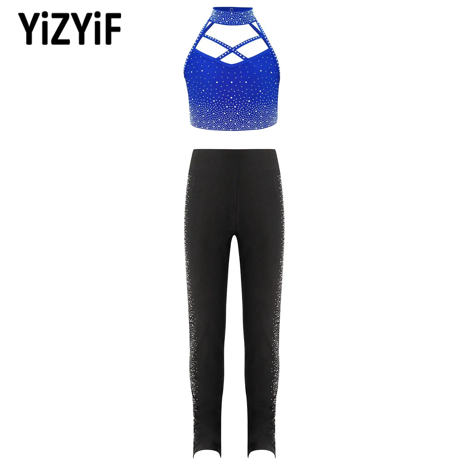 

Girls 2Pcs Gymnastics Figure Skating Dance Outfit Halter Sleeveless Rhinestone Crop Top Leggings Suit for Stage Performance