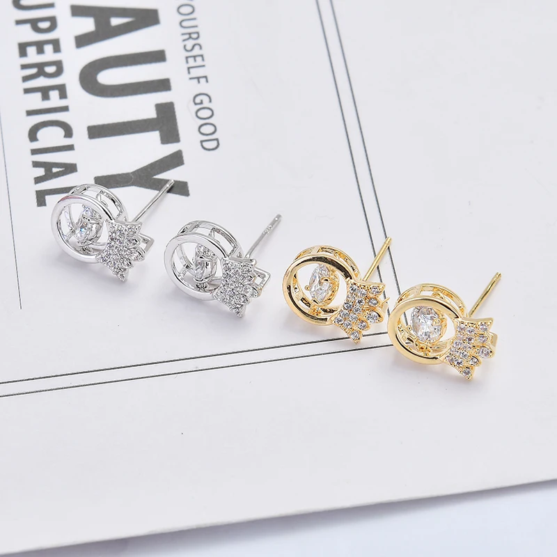 Pretty Mini Hollow Out Crown Copper Zircon Stud Earrings Gold Silver Colors For Women Girls Lady Party Jewelry