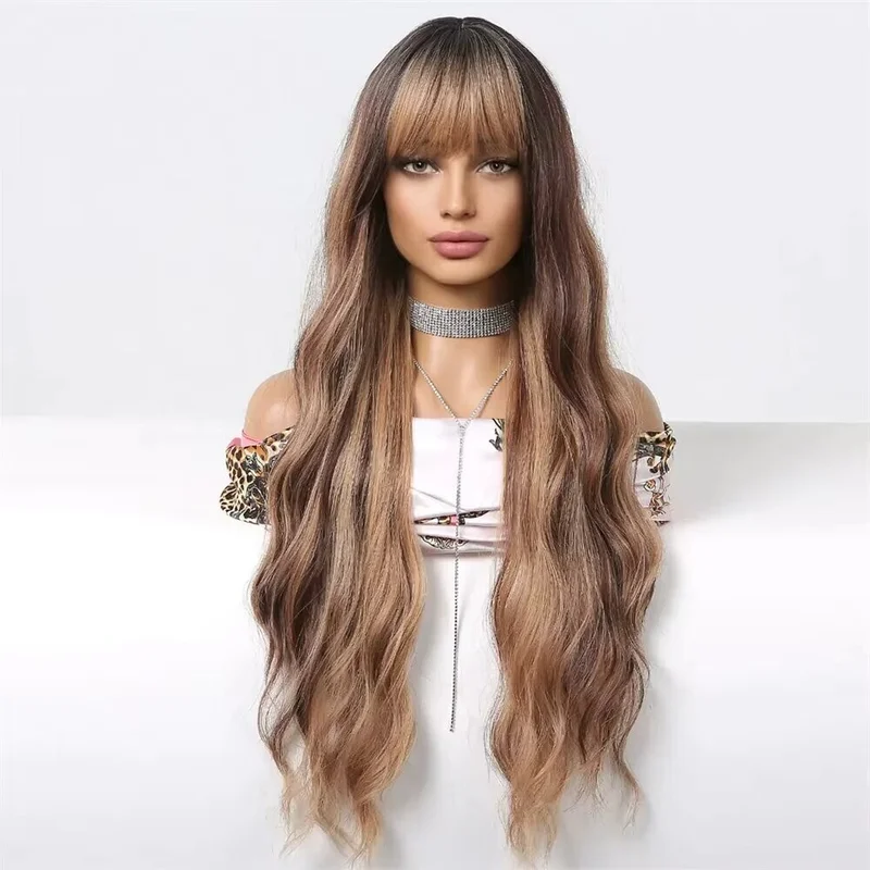 

Brown Highlight Synthetic Wig Long Wavy Wigs with Bangs Natural Ombre Brown