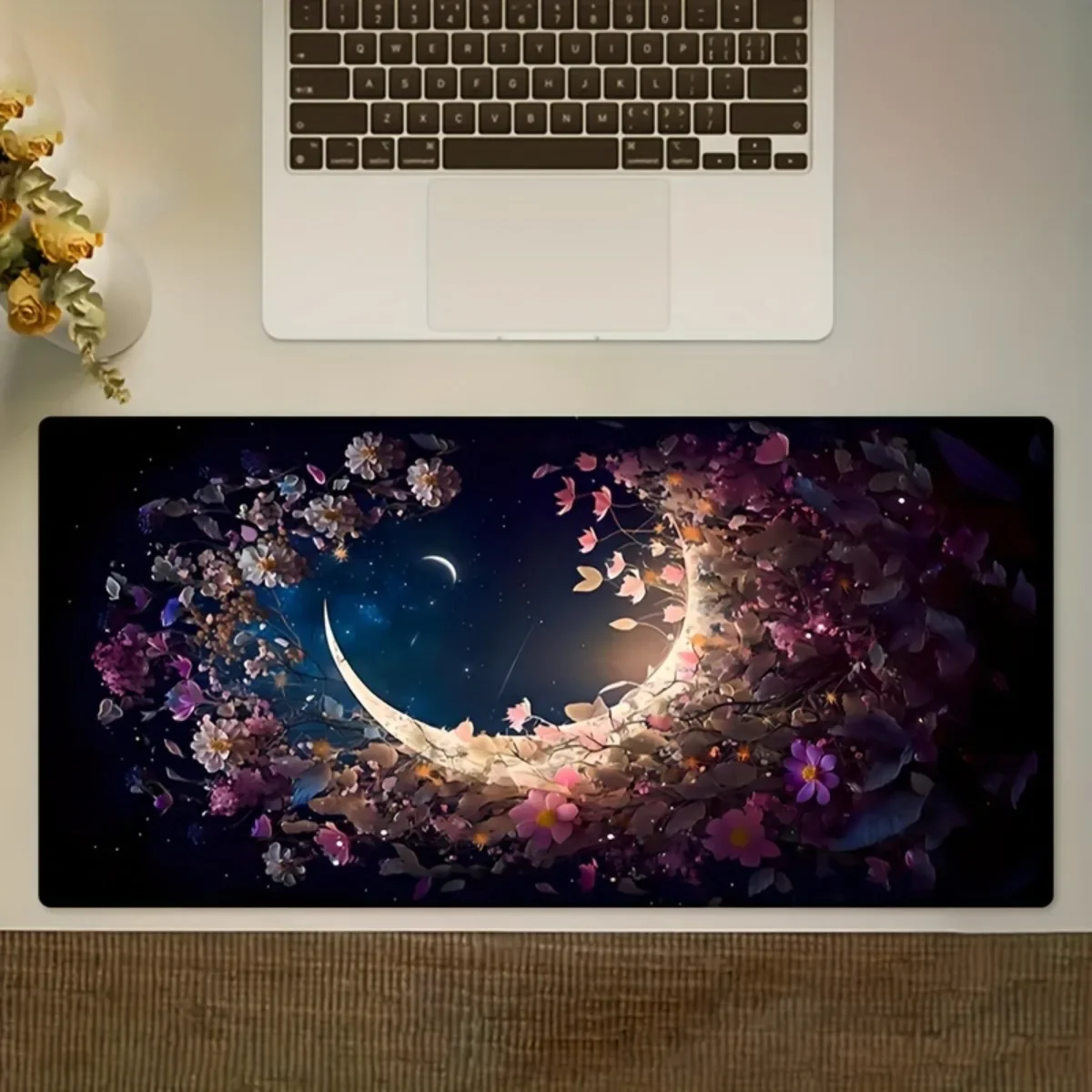 Romantic Floral Moon Gaming Mouse Pad Non-Slip Rubber Base Stitched Edges Desk Mat for Gamers Couples & Office Use