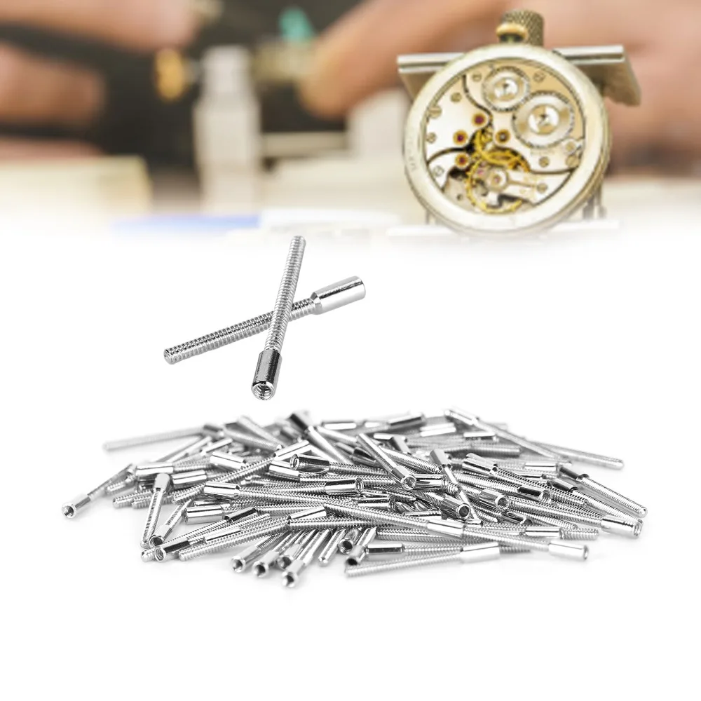 100개 풀 세트 0.9mm 직경 와인딩 스템 실버 색상 강철 재질 교체 부품 수리 도구 키트 무브먼트 교체용