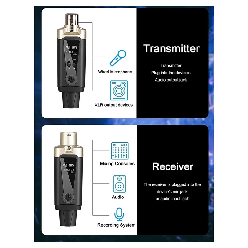 Wireless Microphone System XLR Mic Converter Adapter UHF Automatic Transmitter Setup For Condenser Dynamic Mic Black Metal