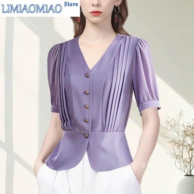 

French Design Chic Short-sleeved Shirt for Women with Five-quarter Sleeve Chiffon Shirt Top Temperament V-neck