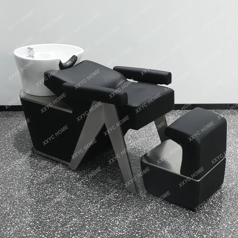 

Half Lying Ceramic Basin for Hair Washing Station Stainless Steel Hairdressing Flushing Bed Massage Couch
