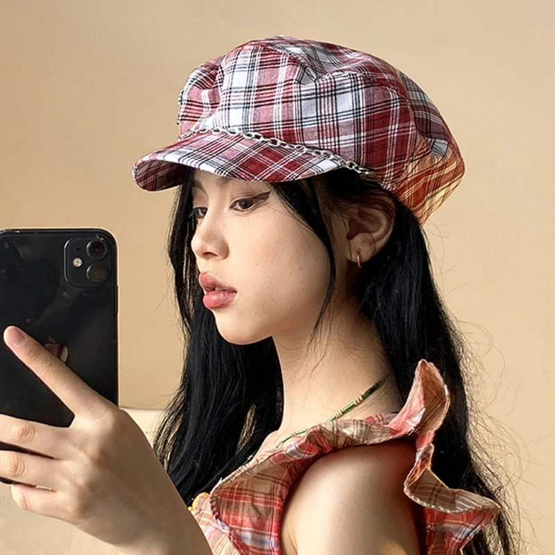 Korean Version Retro Plaid Contrasting Color Berets Caps for Women Summer Sunscreen Versatile Chain Design Octagonal Hats Y2k