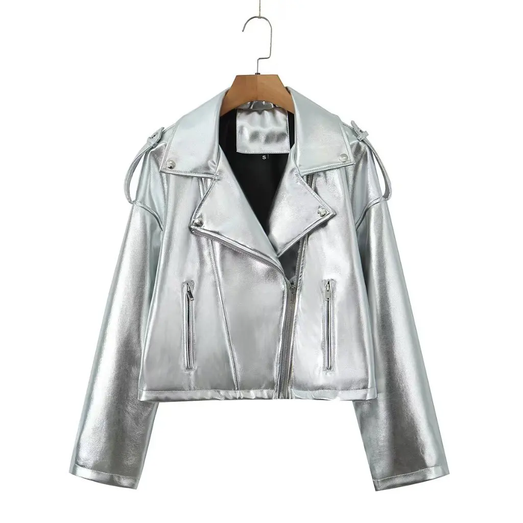 

Women's Distressed Imitation Leather Motorcycle Jacket Short Outwear Top with Zipper Back High Street Style Autumn New