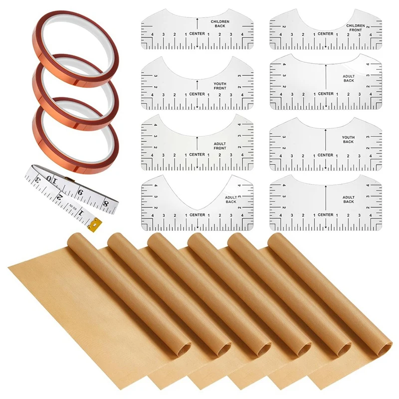 18 PCS PTFE-Sheets For Heat Press 12X16 Inch, T Shirt Alignment Ruler And Heat Resistant Tape And Tape Measure Set Easy To Use