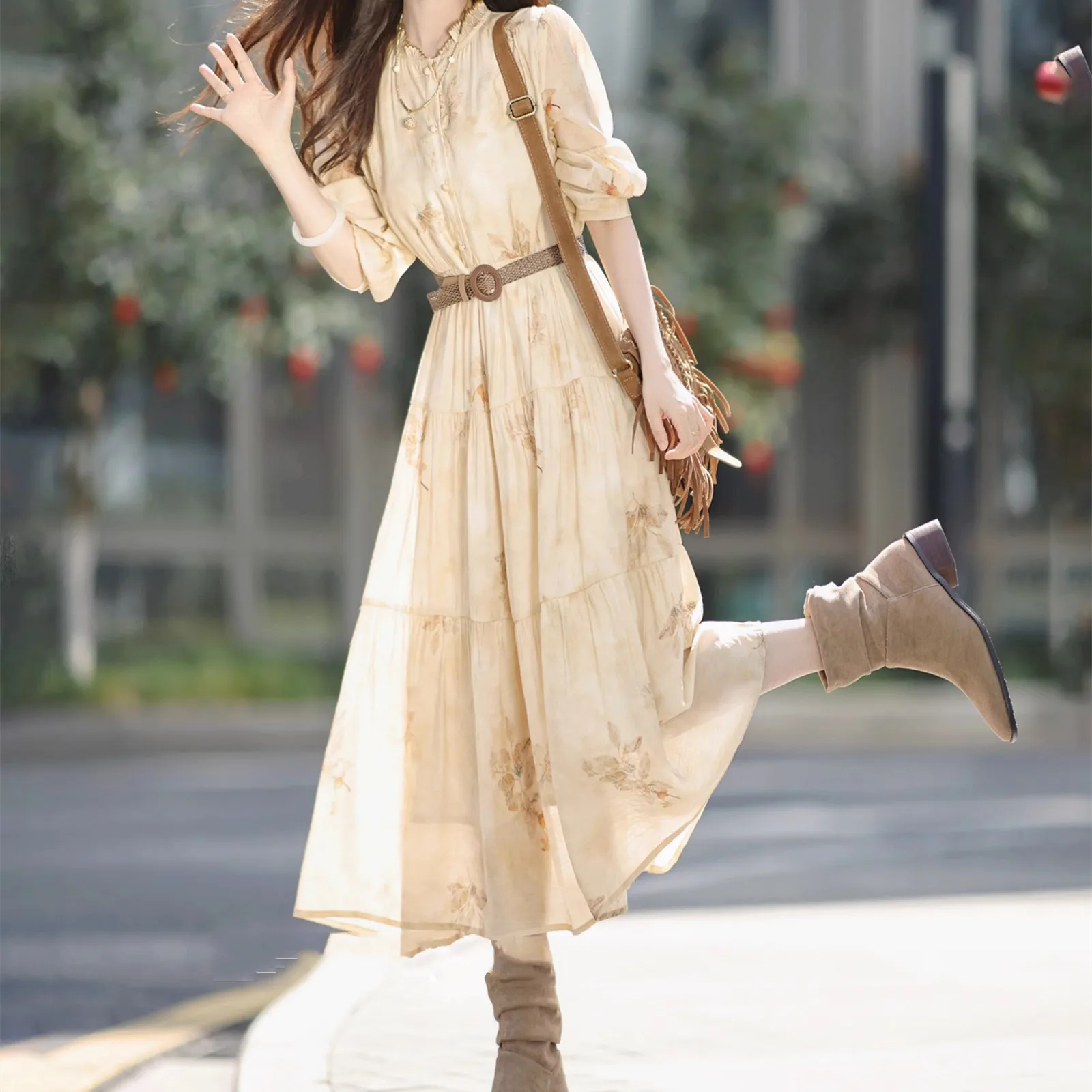 Francês elegante gola babados impresso manga longa chiffon em camadas vestido de linha a para mulher drapey flowy versátil vestido de deslocamento