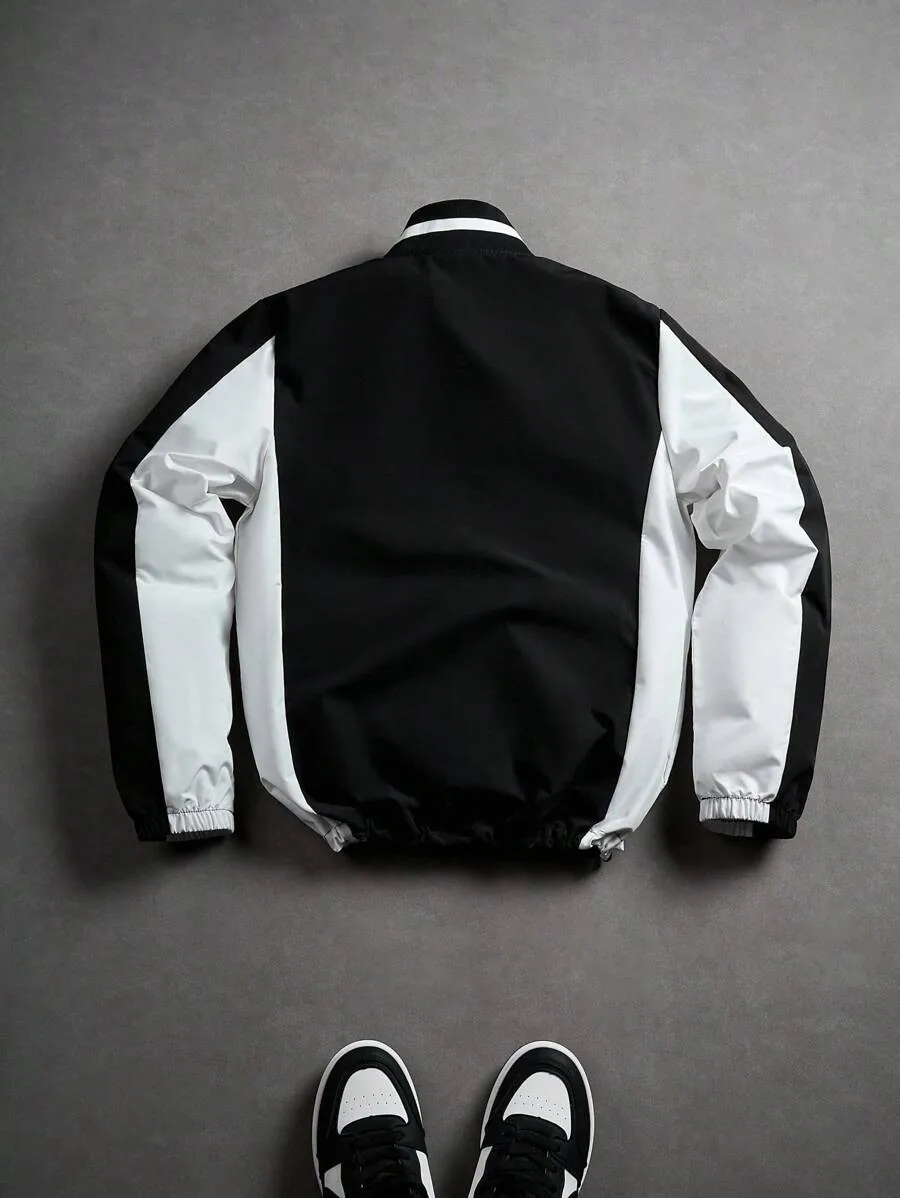 Men Half Zip Color Block Stand Collar Jacket, Black White Contrast Sleeve Splicing, Striped Rib Collar, Elastic Cuffs, Windproof Fabric, Loose Fit, Street Trend Casual Outerwear for Daily Wear