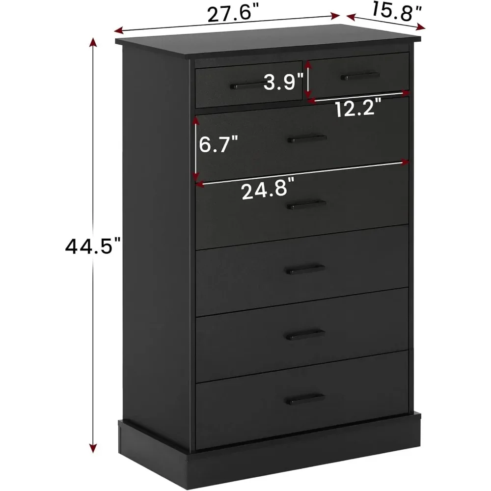 Zwarte Dressoir Voor Slaapkamer, Hoge 7 Lades Dressoir Met Stevige Basis, Houten Opbergtoren Kleding Organizer, Grote Opbergkast