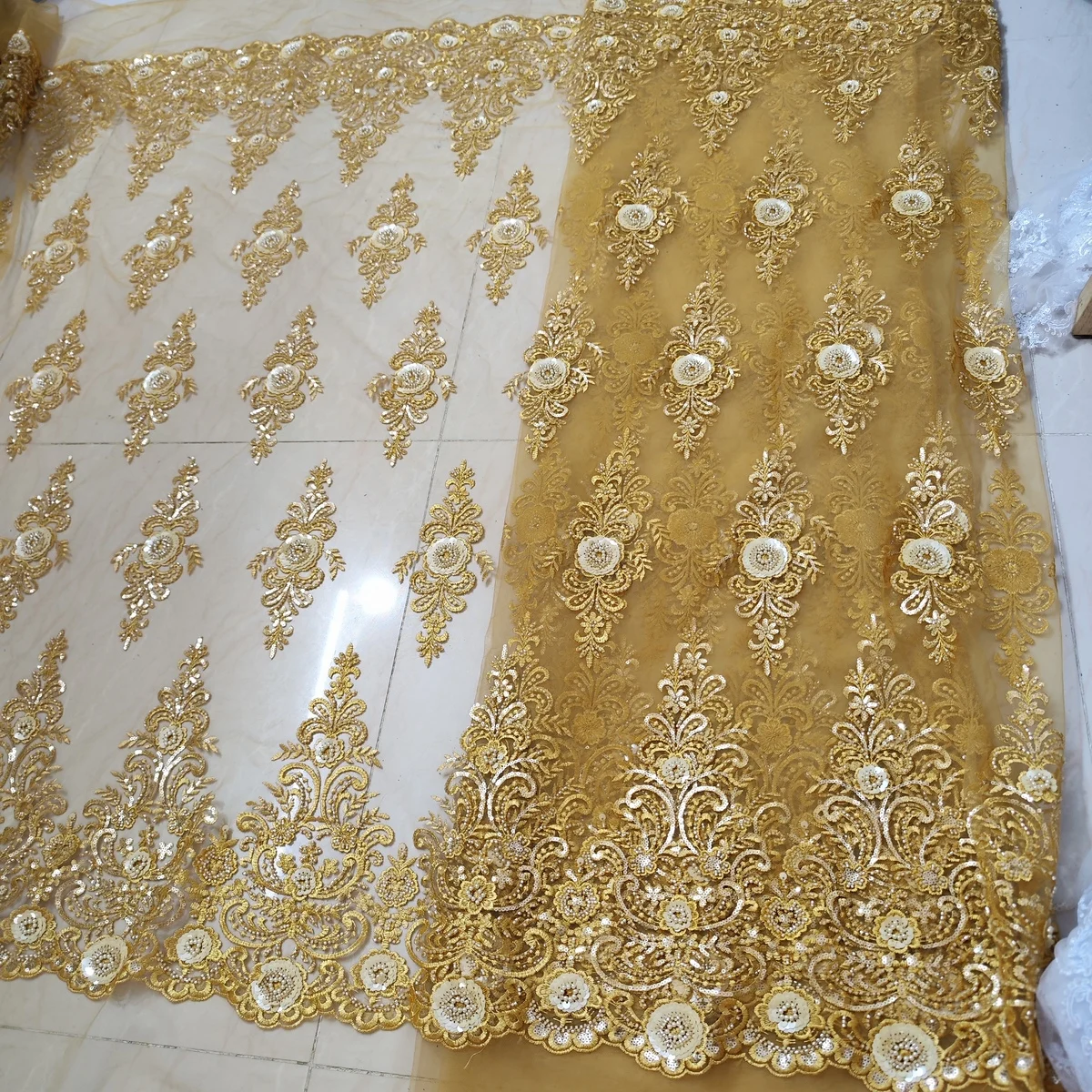 2023 Latest Gold Handmade Beads French Lace Fabric Luxury African Nigerian Tube Beads SequinsTulle Lace Party Fabric KDP23230