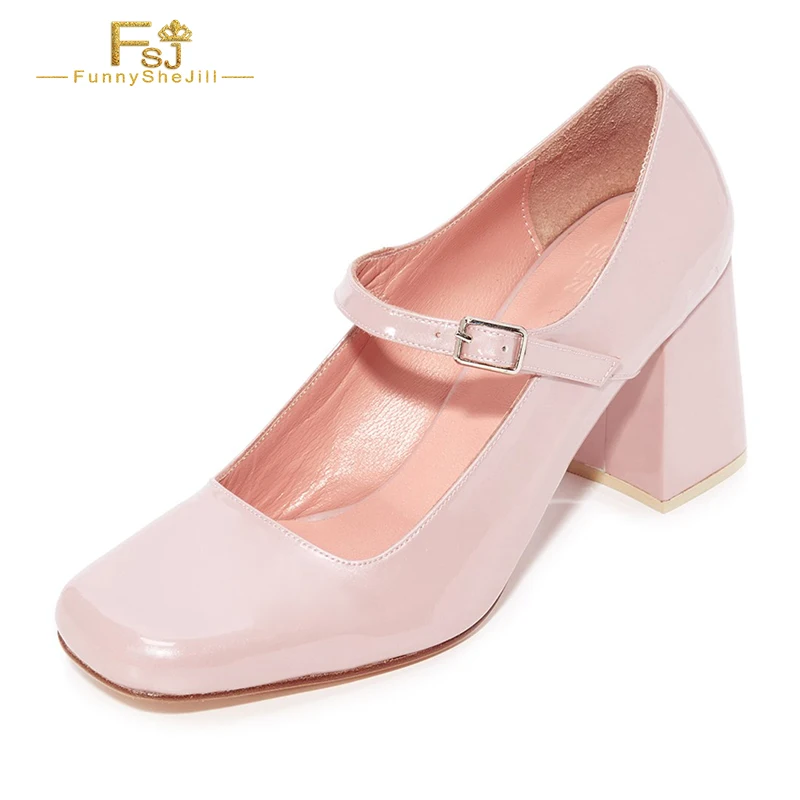 

Patent Leather Round Toe Block Heels Lady'S Buckle Shallow Single Shoes Pink Sweet