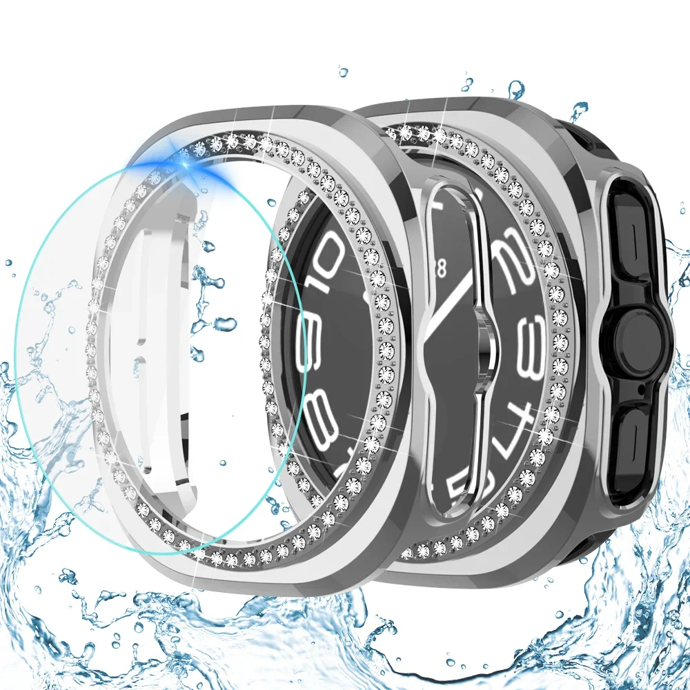 Diamond Case+Glass for Samsung Galaxy Watch 7 Ultra 47mm Bling PC Bumper Cover Screen Protector Film for Galaxy Watch 7Ultra