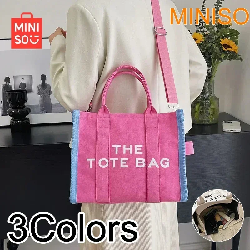 MINISO Canvas Tote Bag Women Large Capacity Luxury Shoulder Bags Zipper Black Ladies Crossbody Bags Large White Shopping Bags Pu