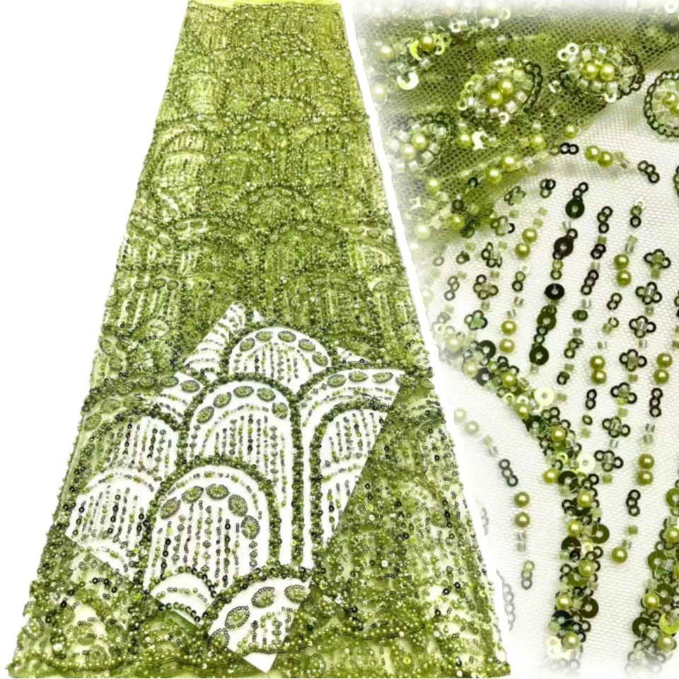 

Африканское кружево ручной работы с бисером, 5 ярдов, премиум-класса, французская сетка с пайетками, нигерийское кружево для свадебных и праздничных платьев, 2179