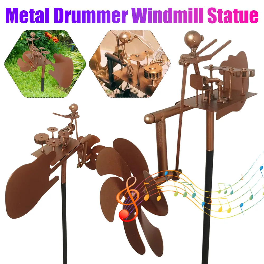 

Metal Wind Spinner Handmade Metal Drummer Windmill Statue Rust-proof DIY Decorative Wind Power Rock Art Statue for Yard Garden