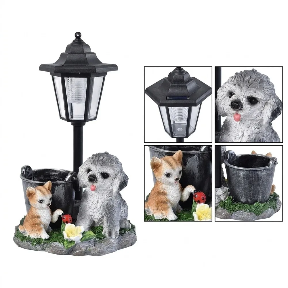 Dog and Cat Solar Light Garden Ornament Made of Resin with Lantern Feature and Planting Groove for Summer Decor