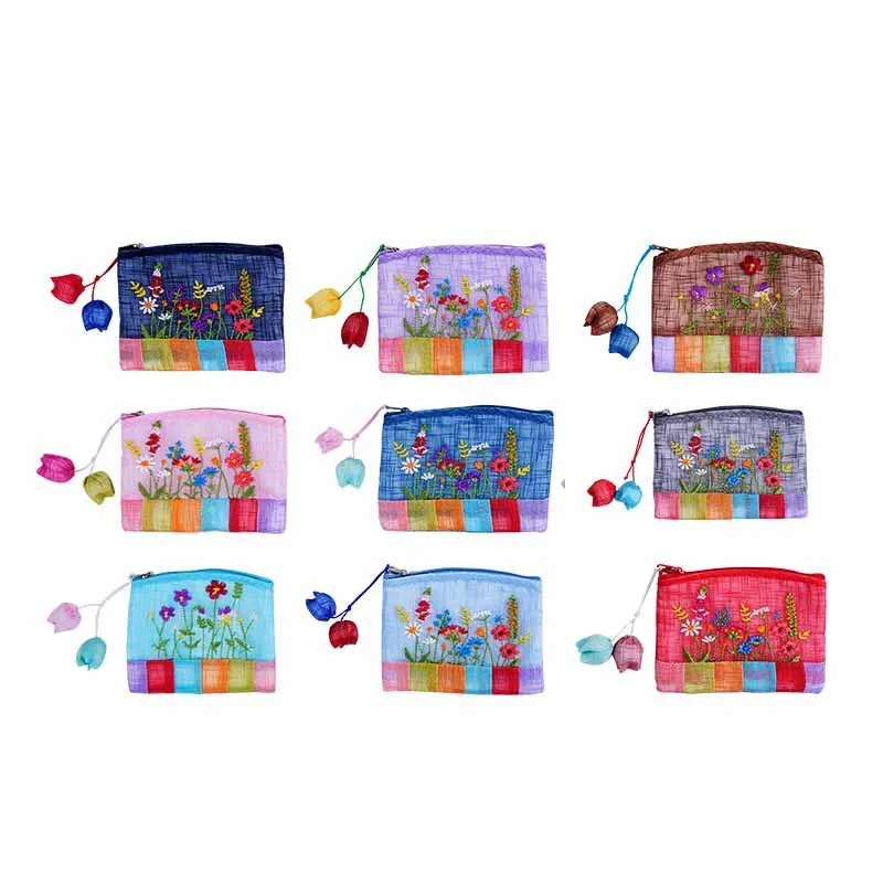20pcs Traditional National Double-sided Embroidery Flower Slubby Yarn Pouch Money Change Purse Gift Bags 11x9cm