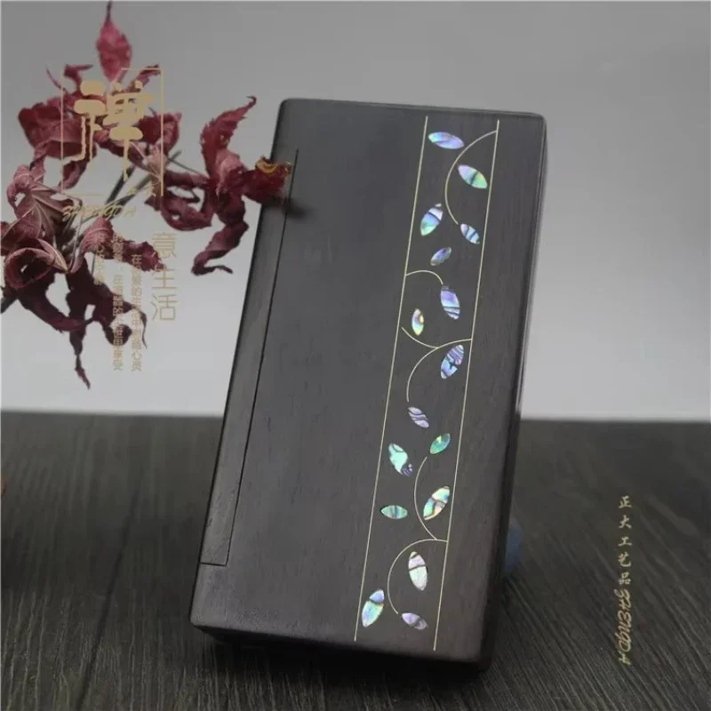Black Ebony Wood Abalone Shell Inlay Incense Burner Box Travel Portable Short Stick Holder Aromatherapy Censer Home Decor