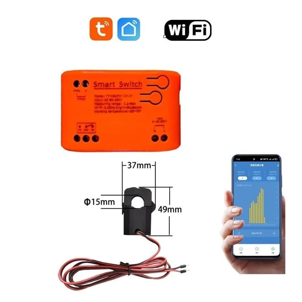 Tuya WiFi for Smart for Monitor, Single Phase Clamp Electricity Meter with 1 X 80ACT Current Transformer