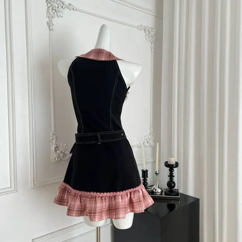 ร้อนหวาน DENIM กระโปรง Slim Goth ชุดสตรี Y2k แขนกุด Punk VINTAGE Harajuku เกาหลีลาย 2000s Camis Grunge Emo แฟชั่น