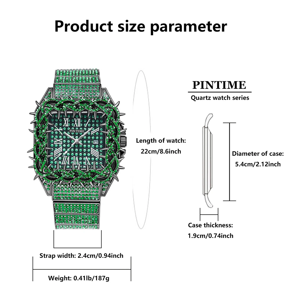 Men's quartz watch, set with emeralds, Czech stone inlay, fashionable and water-resistant, unique and trendy hip-hop niche desig