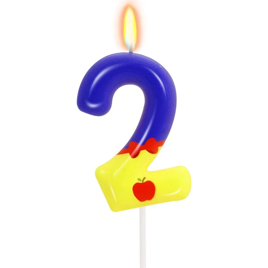 Vela de 2 cumpleaños azul y amarilla, vela de cuento de hadas número 2, adorno para tarta con patrón de manzana, pieza de cumpleaños temática de dibujos animados Priess