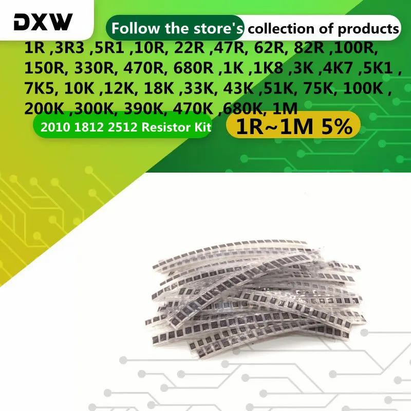 330pcs/Lot 2010 1812 2512 Resistor Kit  1R~1M 5% 3.3R 10R 82R 100R 680R 1K 2k 4.7K 10K 18K 51K 100K 200K Sample Resistor Kit DIY