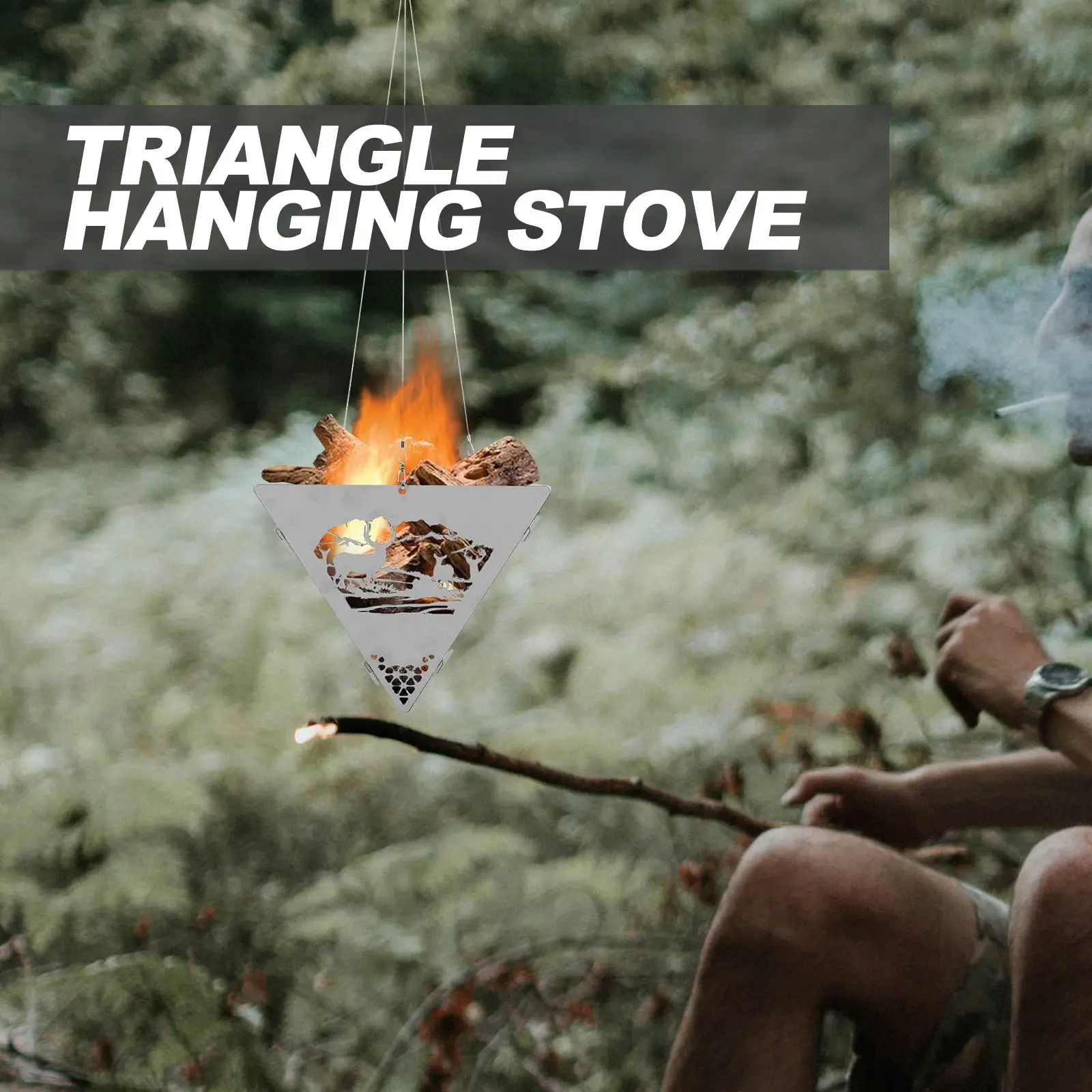 1 Set Camping Hanging Triangular Burning Platform Outdoor Triangular Brazier Tripod BBQ Grill Fold Firewood Burner Bonfire Stove