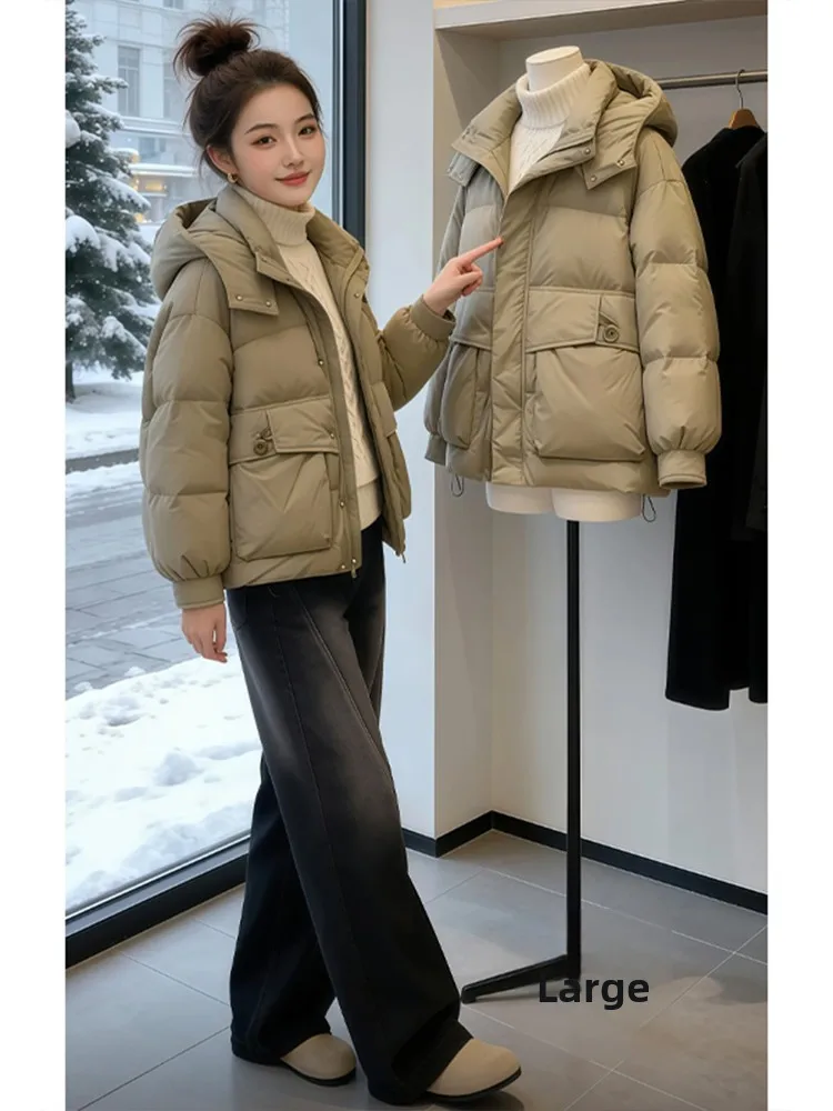 

Khaki Hooded down Cotton Jaet Women's Winter Thiened ort Bread Sle Coat Korean Loose Fit Long Sve Zipper Pure Color