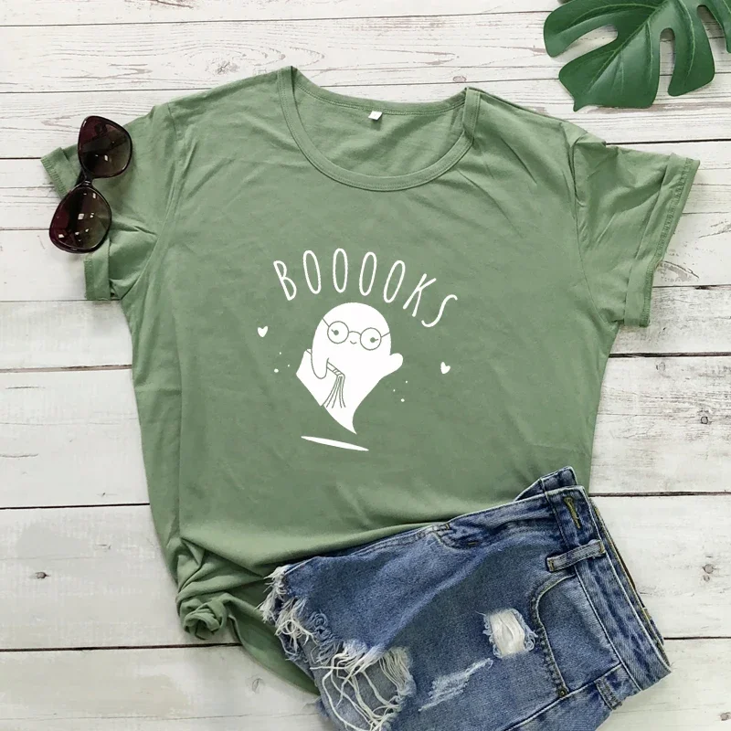 

Y2k Short Sleeves T-shirt Booooks Ghost Cotton T-shirt Funny Halloween Gift Top Cute Women's Graphic Book Reading Tee