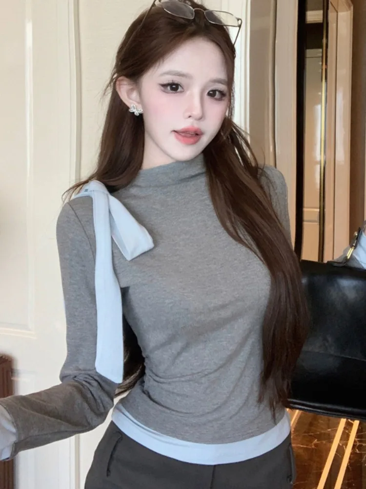 

Korean Style Knot Color Block Long Sleeve Half High Collar Slim Fit Women's T-Shirt Autumn New Design Sense Top