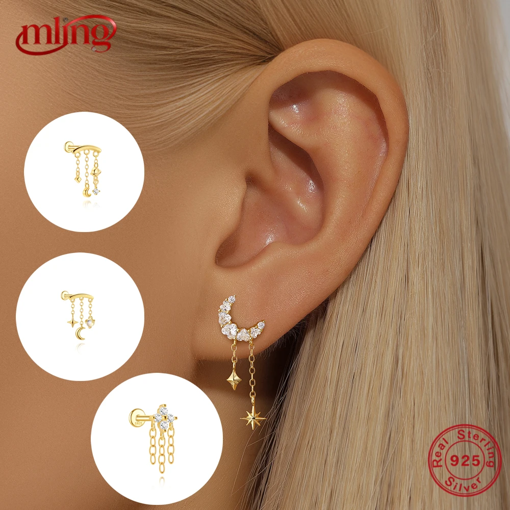 

MLING 1PC Tassel Chain 925 Sterling Silver Eight-pointed Star Moon Flat Head Piercing Earrings For Women Ins Earrings Jewelry