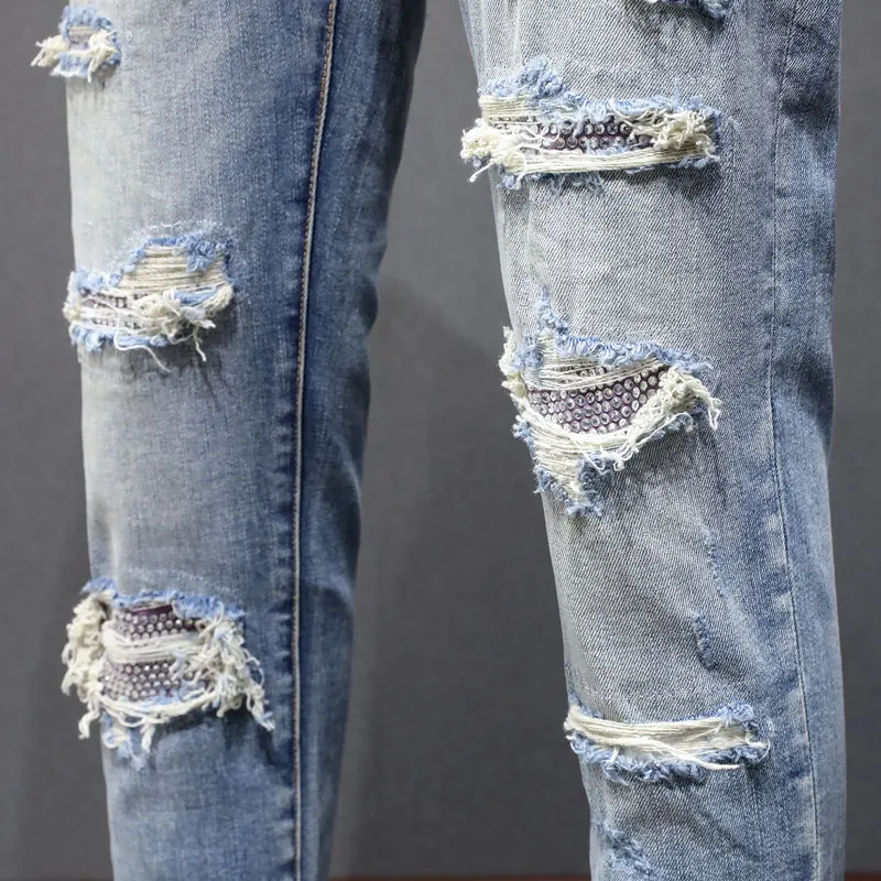 Y2K designer high street fashion new jeans washed with water nostalgic perforated patch light blue jeans high street hip-hop bra