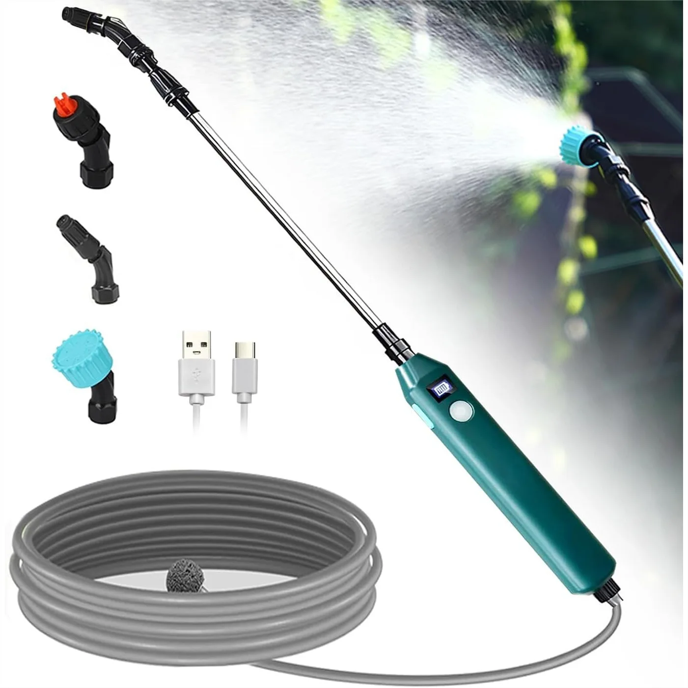

Battery Powered Sprayer Wand, 23.6" Electric Sprayer Telescopic Wand with 3 Spray Forces, Battery Indicator, 16.4FT Hose, 3 Mist