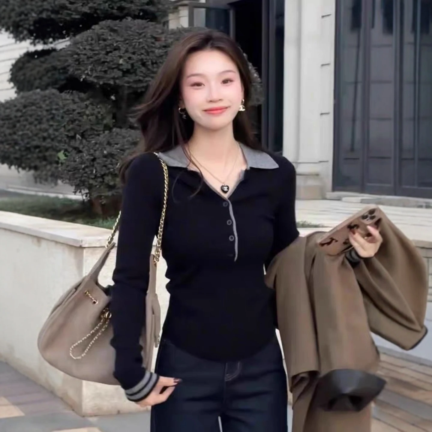 

Korean Design Sense Color Blo Collar Knitted Sweater Women's Slim Fit Base irt Faion Unique Autumn Top Collar