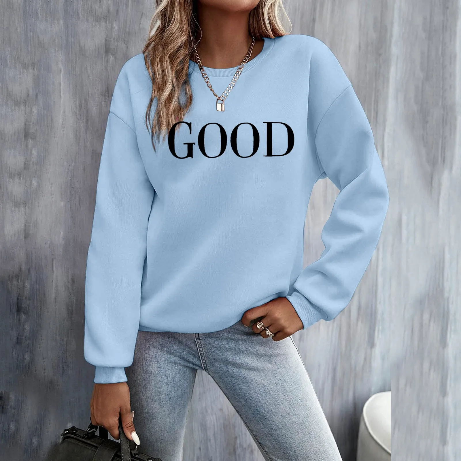 Ladies Fashion Solid Color Aesthetic Top Trendy Sweatshirts Crew Neck Pullover Tops For Women Autumn And Winter Warm Pullovers