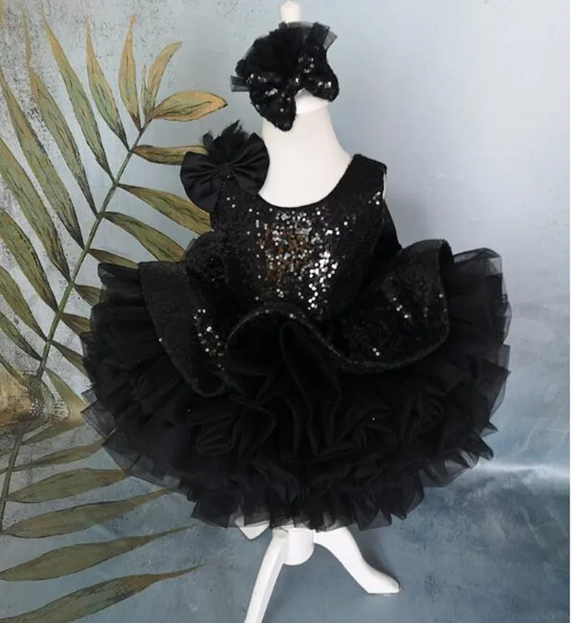 Glitter nero neonato primo compleanno abito da festa Puffy paillettes Flower Girl Dress Princess Prom Dress con fiocco